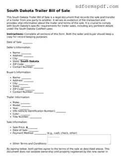 Valid South Dakota Trailer Bill of Sale Document