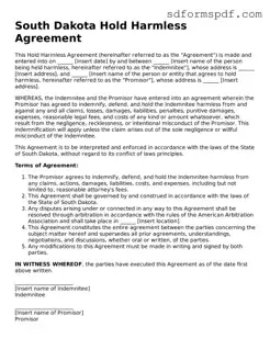 Valid South Dakota Hold Harmless Agreement Document