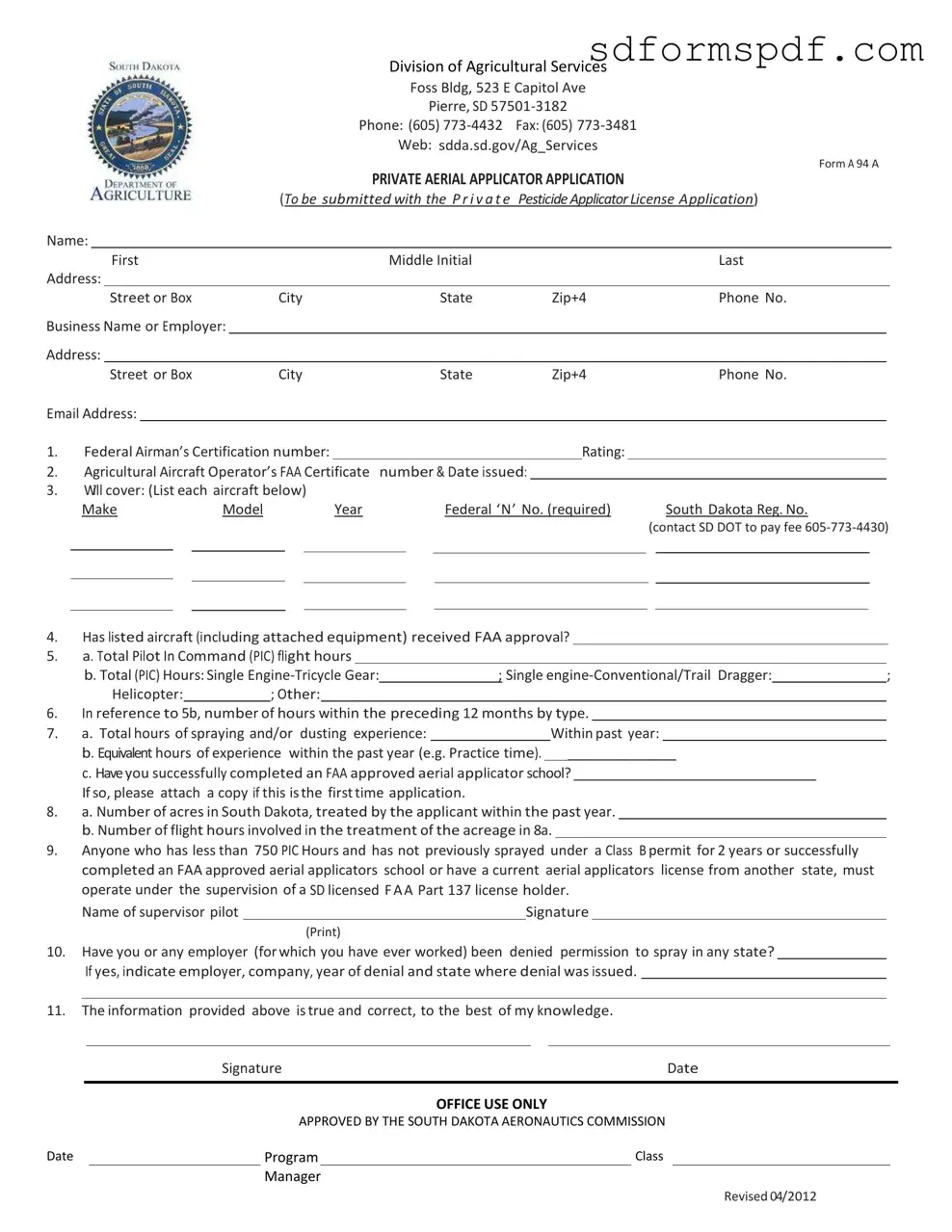 Fill Out a Valid South Dakota A 94 A Form