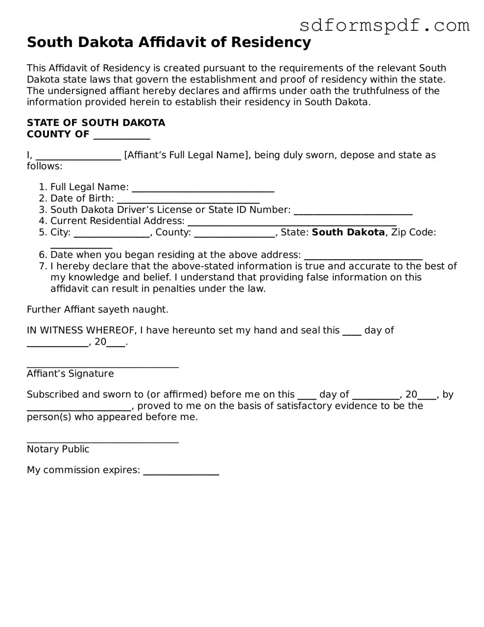 Valid South Dakota Affidavit of Residency Document