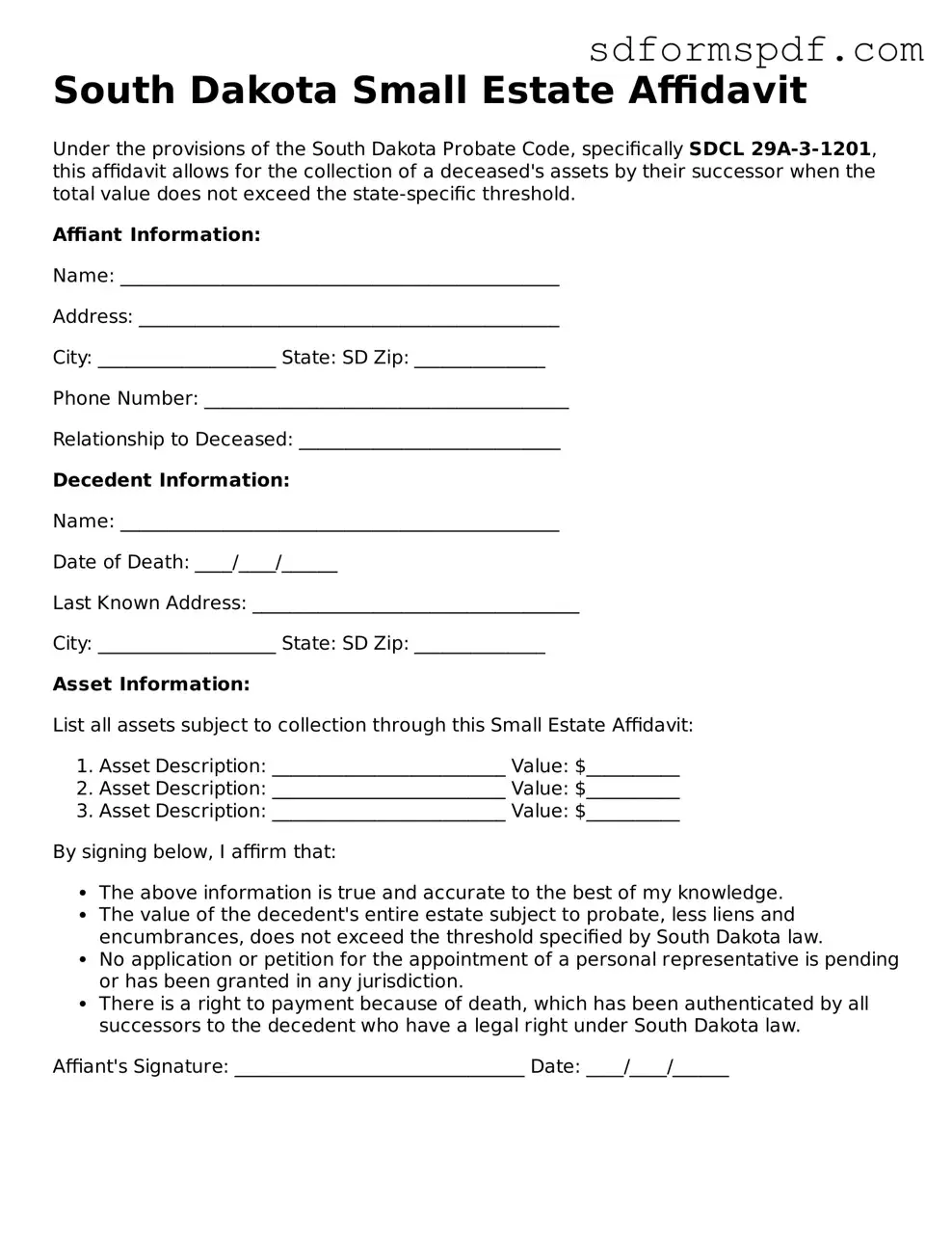 Valid South Dakota Small Estate Affidavit Document