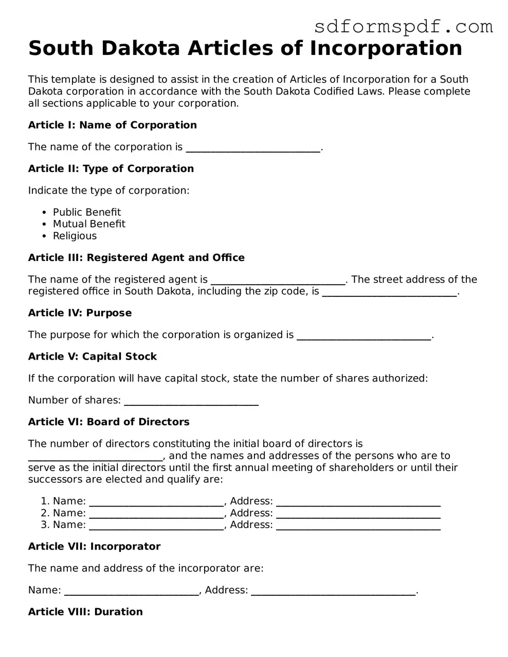 Valid South Dakota Articles of Incorporation Document