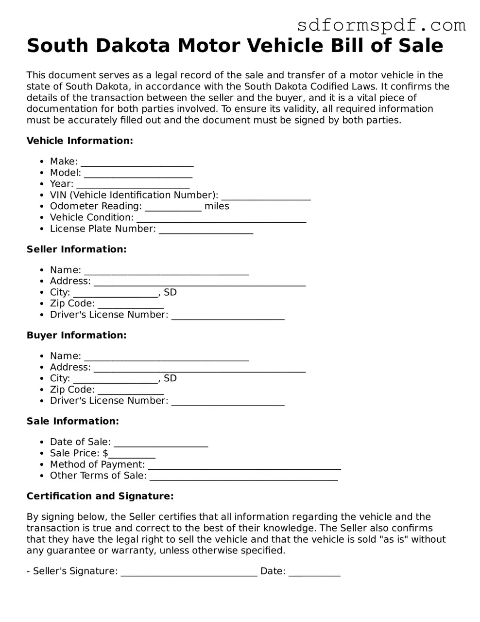 Valid South Dakota Motor Vehicle Bill of Sale Document
