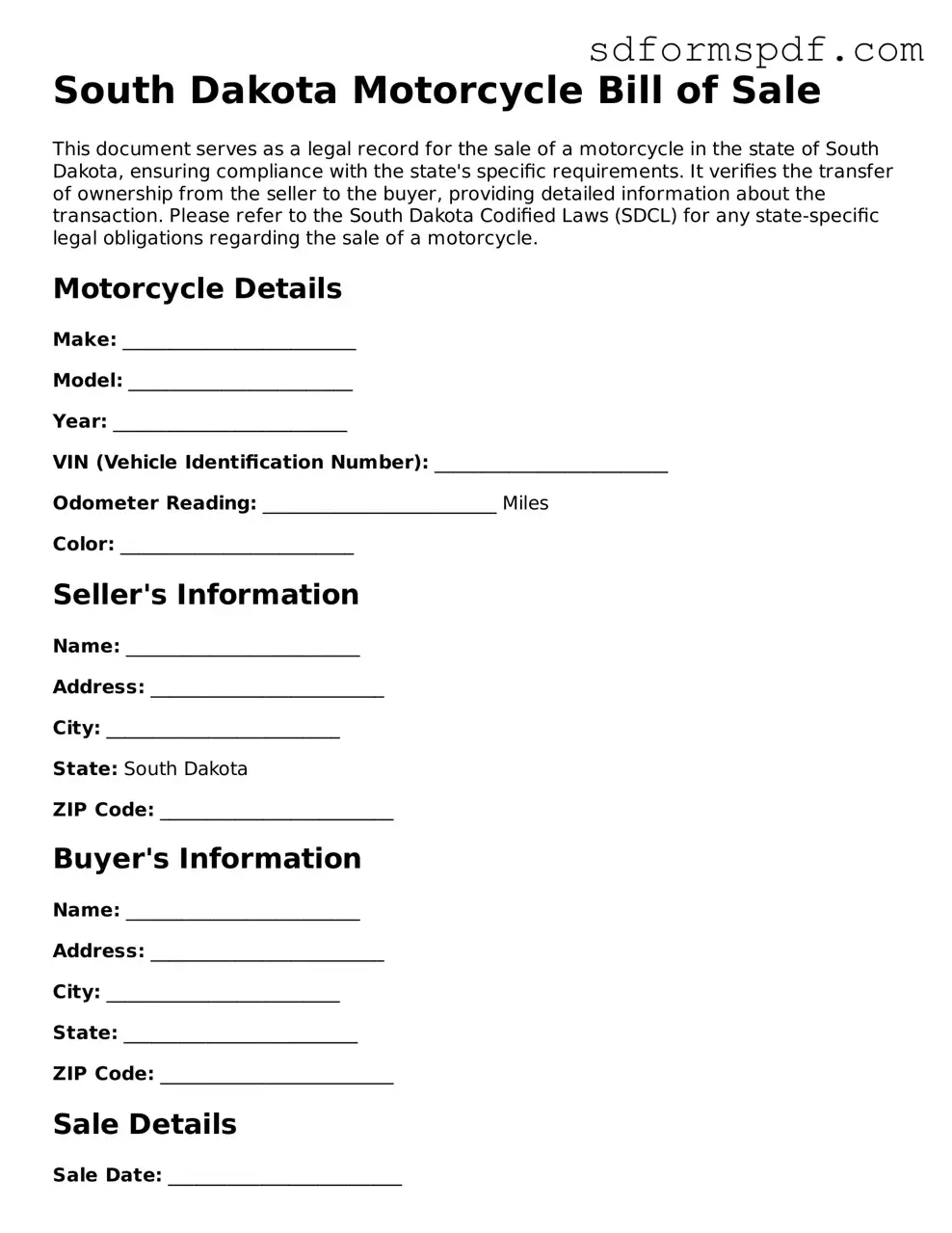 Valid South Dakota Motorcycle Bill of Sale Document
