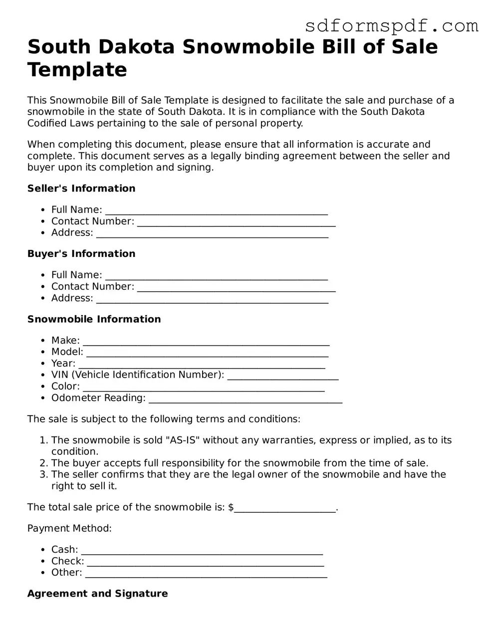 Valid South Dakota Snowmobile Bill of Sale Document