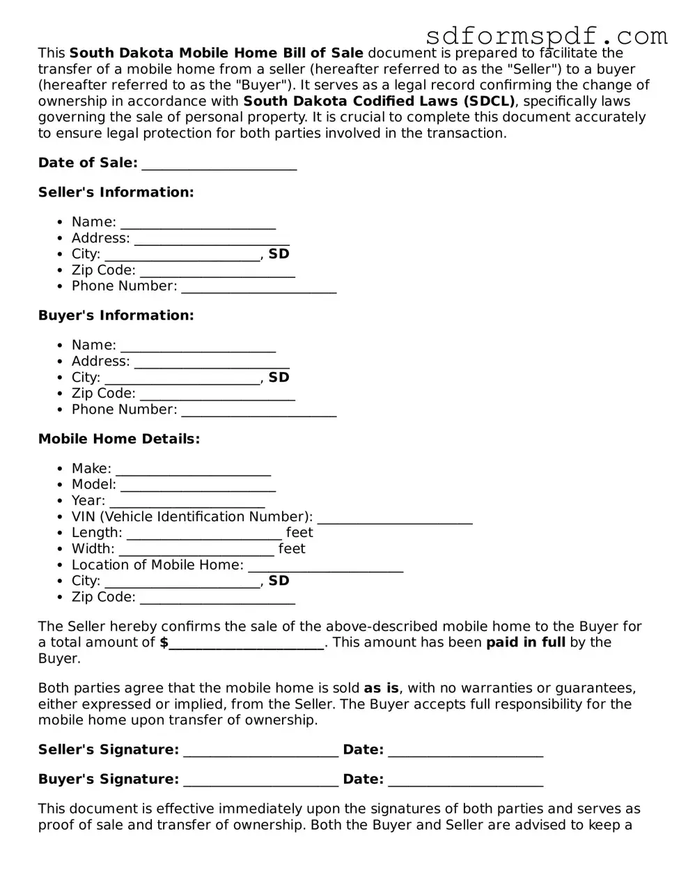 Valid South Dakota Mobile Home Bill of Sale Document