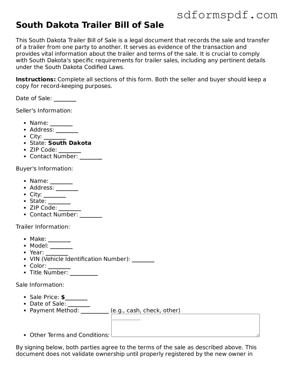 Valid South Dakota Trailer Bill of Sale Document