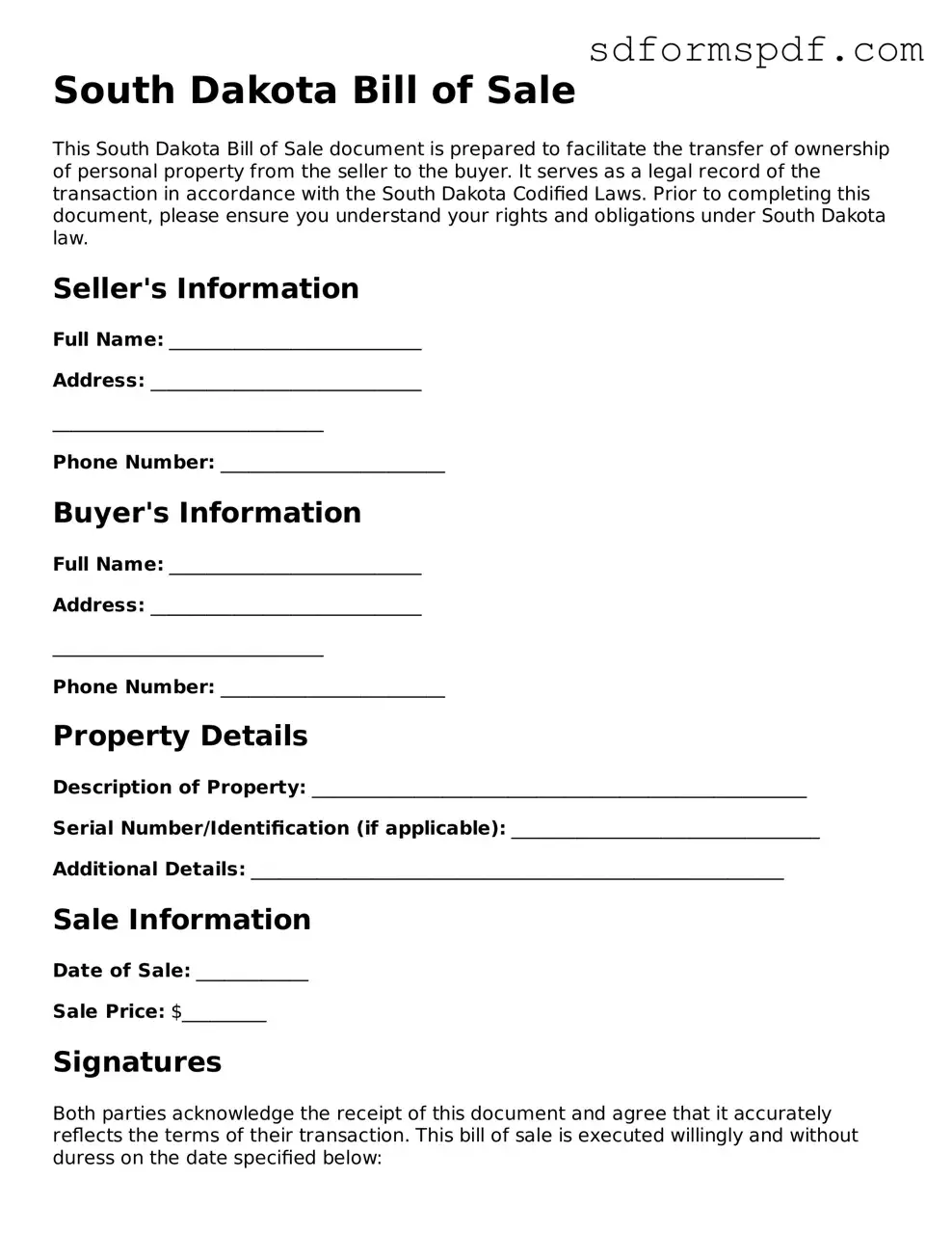 Valid South Dakota Bill of Sale Document