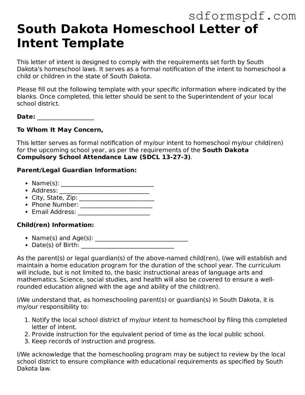 Valid South Dakota Homeschool Letter of Intent Document