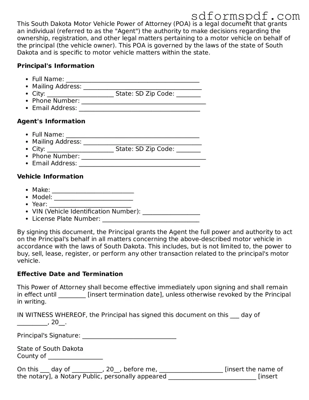 Valid South Dakota Motor Vehicle Power of Attorney Document