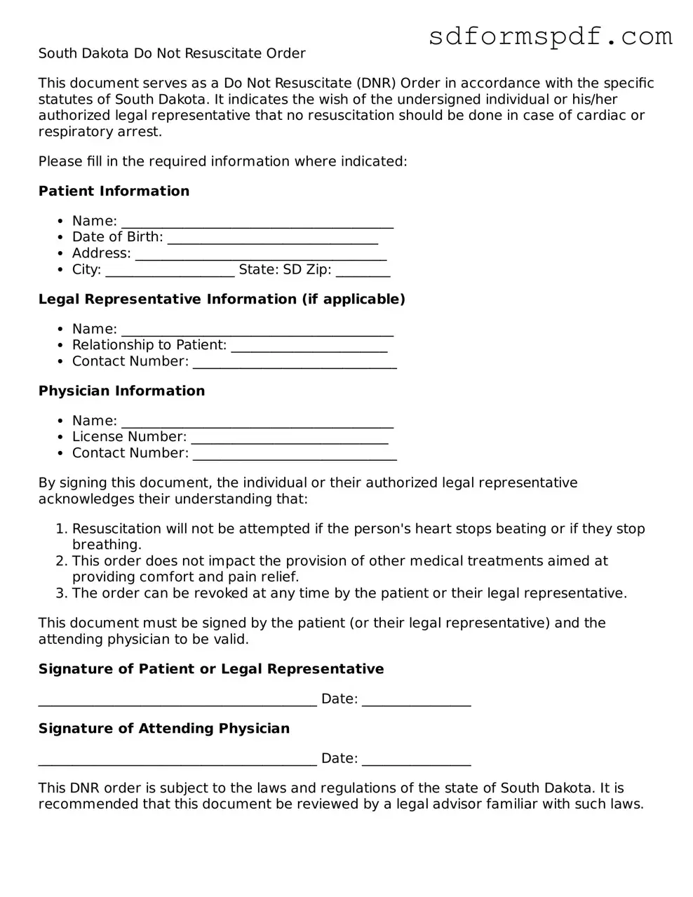 Valid South Dakota Do Not Resuscitate Order Document