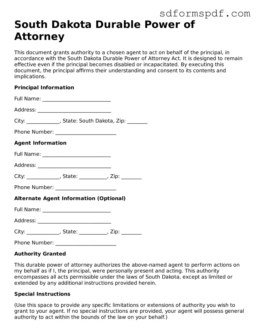 Valid South Dakota Durable Power of Attorney Document