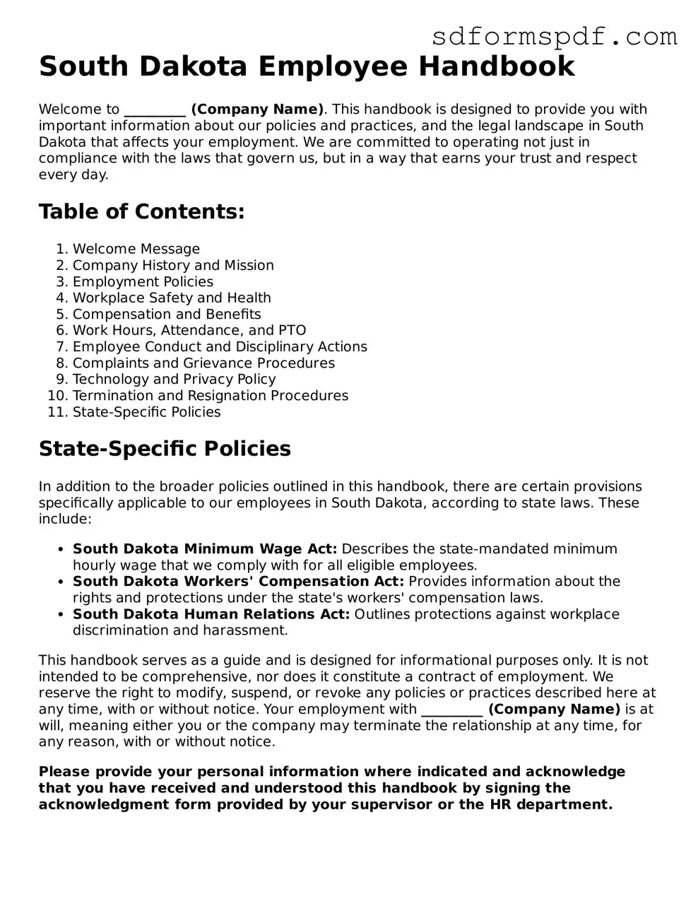Valid South Dakota Employee Handbook Document