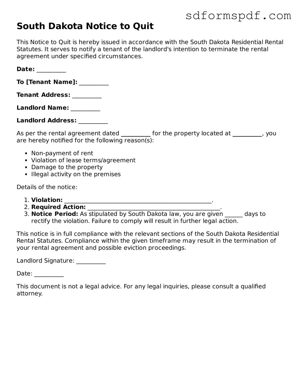 Valid South Dakota Notice to Quit Document