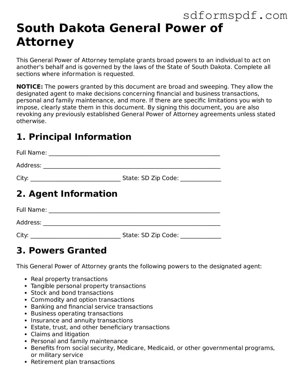 Valid South Dakota General Power of Attorney Document
