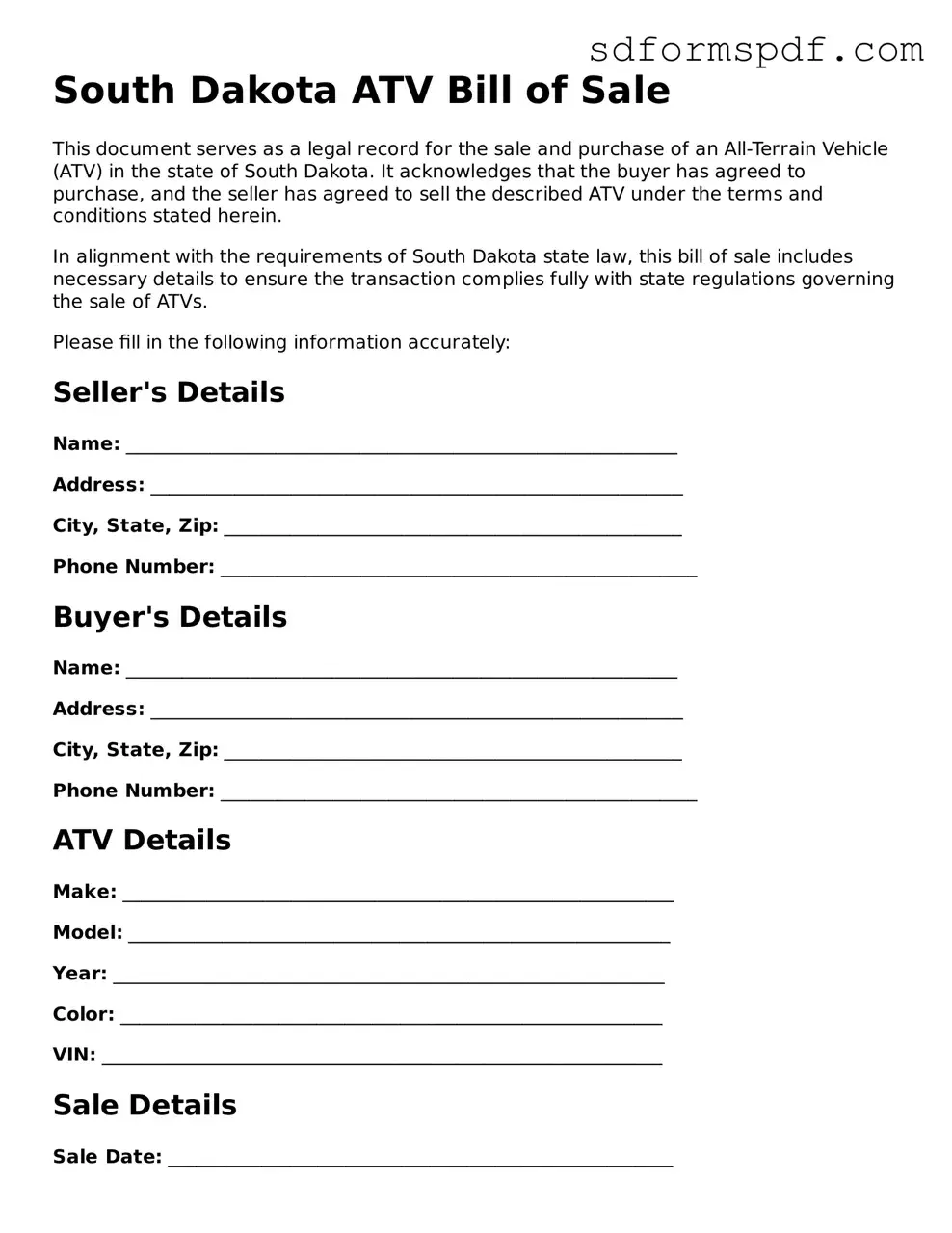 Valid South Dakota ATV Bill of Sale Document