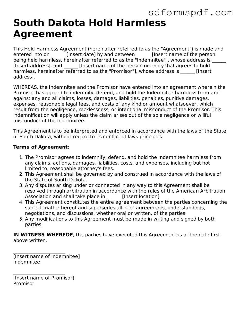 Valid South Dakota Hold Harmless Agreement Document