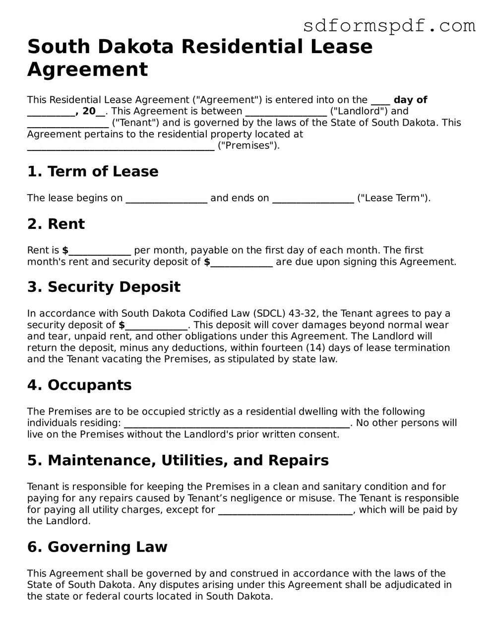 Valid South Dakota Residential Lease Agreement Document