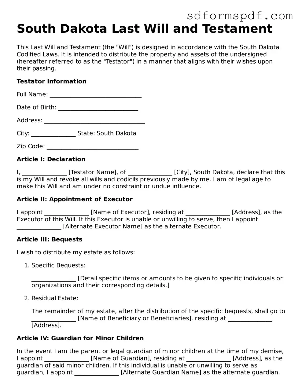 Valid South Dakota Last Will and Testament Document