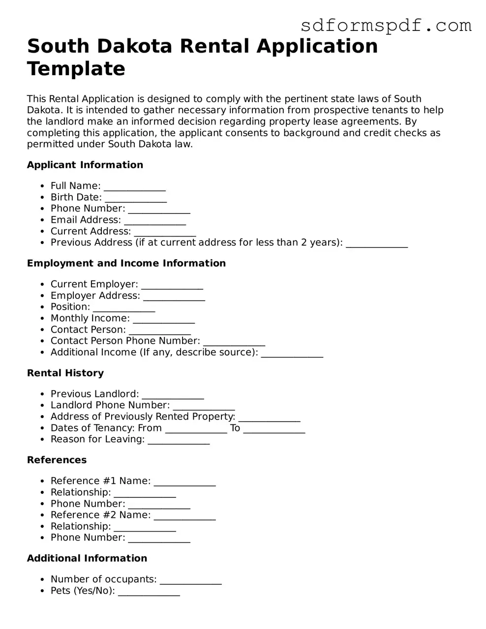 Valid South Dakota Rental Application Document