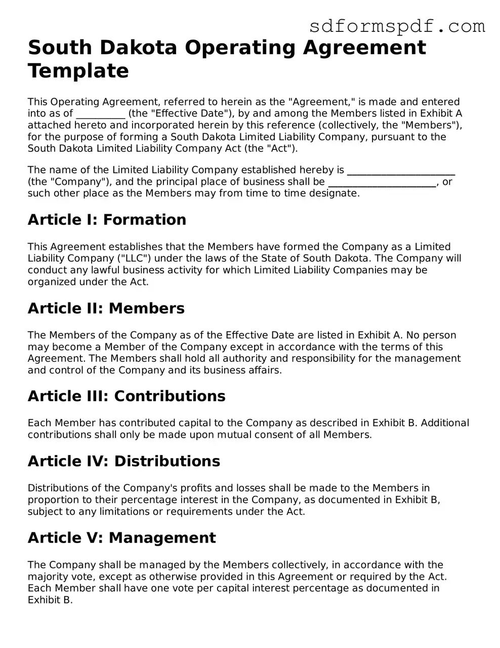 Valid South Dakota Operating Agreement Document