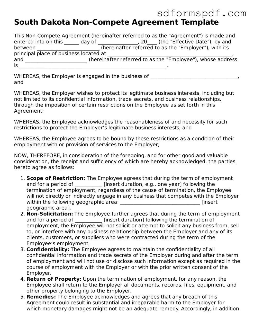Valid South Dakota Non-compete Agreement Document