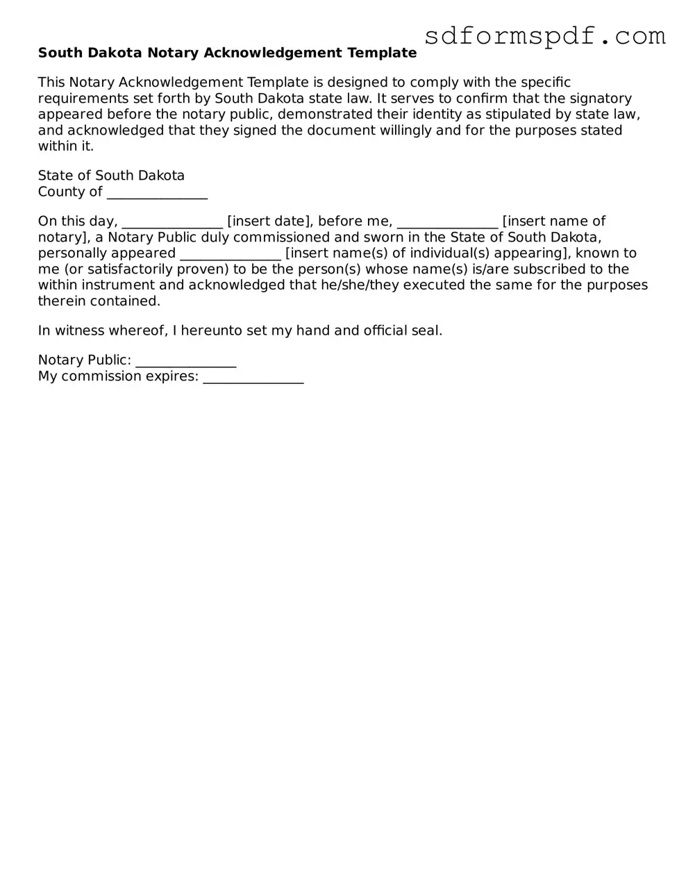 Valid South Dakota Notary Acknowledgement Document