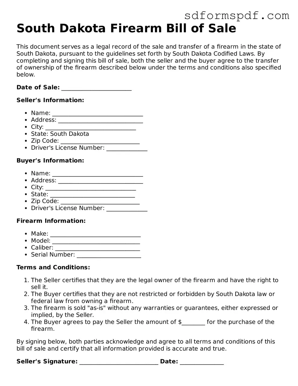 Valid South Dakota Firearm Bill of Sale Document