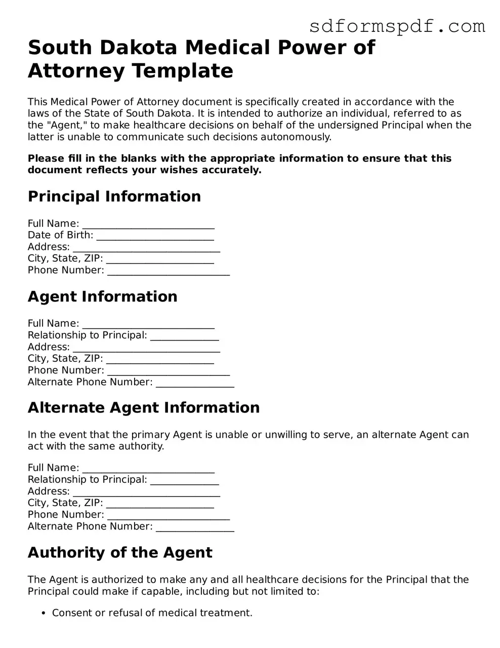 Valid South Dakota Medical Power of Attorney Document
