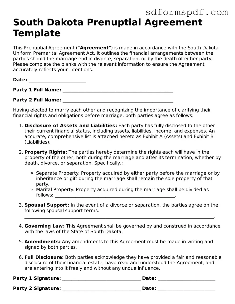 Valid South Dakota Prenuptial Agreement Document