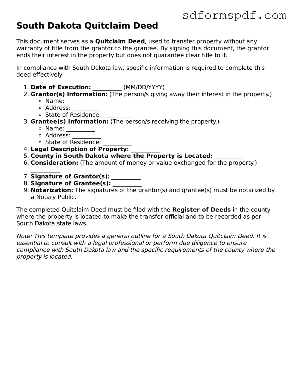 Valid South Dakota Quitclaim Deed Document