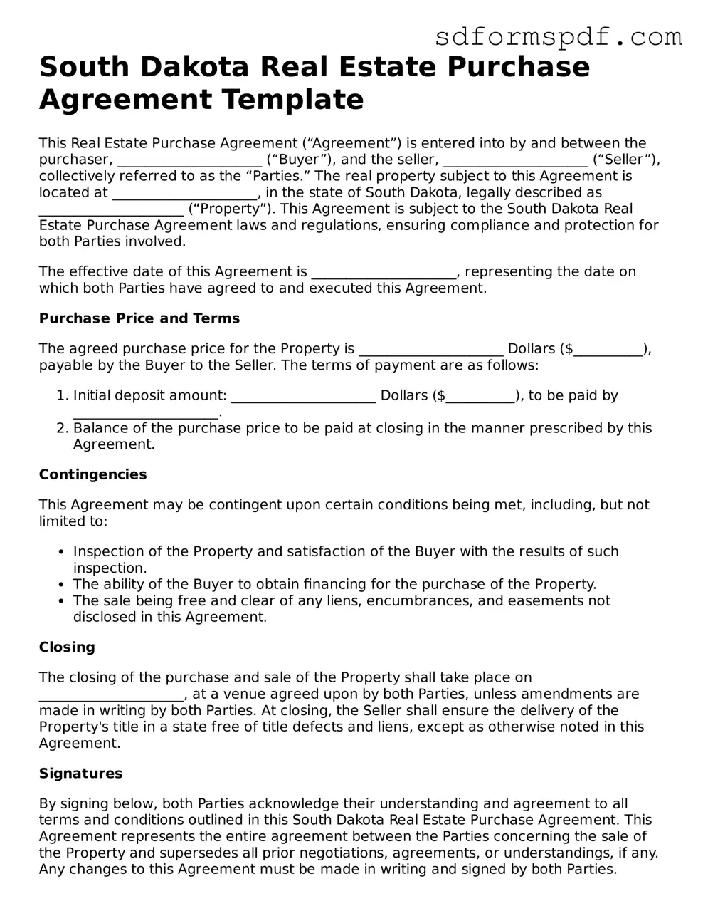 Valid South Dakota Real Estate Purchase Agreement Document
