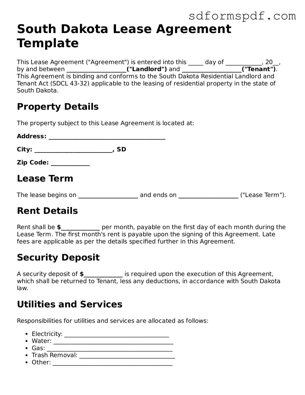 Valid South Dakota Lease Agreement Document