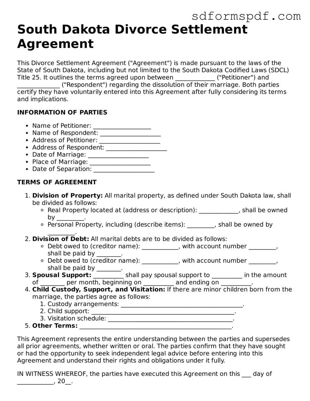 Valid South Dakota Divorce Settlement Agreement Document