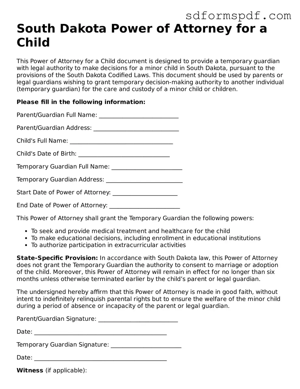 Valid South Dakota Power of Attorney for a Child Document