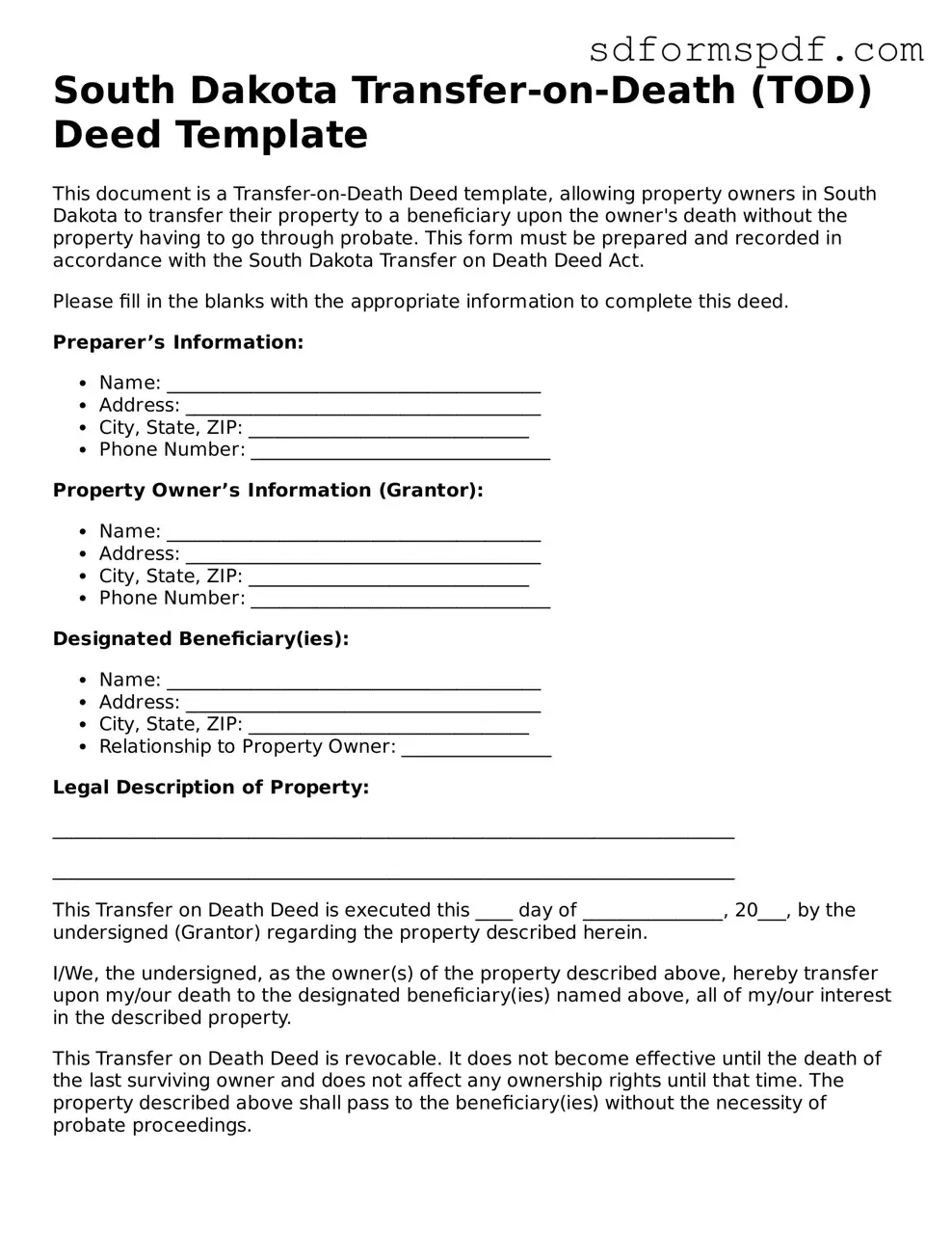 Valid South Dakota Transfer-on-Death Deed Document