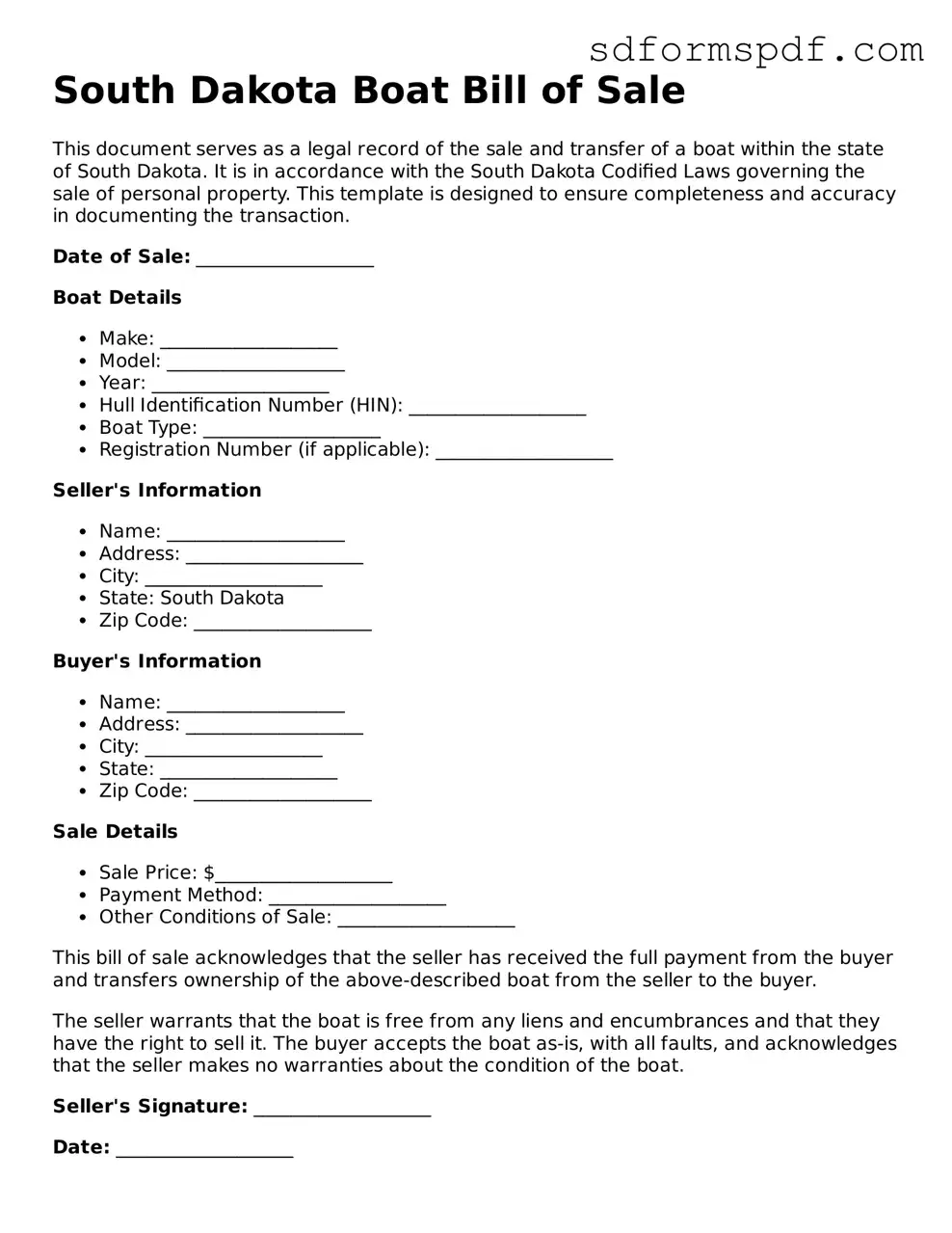 Valid South Dakota Boat Bill of Sale Document